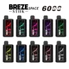 원래 Breze Stiik Space 6000 퍼프 2% 5% 일회용 포드 장치 E 담배 vape 키트 1500mAh 배터리 사전 13ml 10 맛 EURO USA No Tax