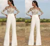 2023 Hochzeit Jumpsuit Kleid U-Boot-Ausschnitt mit Illusionsapplikationen Spitze Braut Party Kleider Hosenanzug Illusion Cap Sleeves Vestidos De Novia