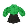 Kledingsets 2023 Kinderkleding 2 stuks Babymeisjes Puff Sleeve Blouse Shorts Matching Green Y2K Children Suits 1-8y