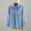 Men's Casual Shirts #7638 Light Blue Striped Denim Shirt Men Long Sleeve Cotton Loose Vintage Jeans Male Turn-down Collar Retro