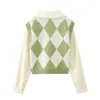 Women's Knits 2023 Argyle Cardigan Woman Green Cropped Cardigans For Women Knitted Short Sweaters Long Sleeve