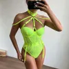 Costume Sexy JSY Ensemble Sexy pour Femmes Body Sous-Vêtements Ceinture Verte Halter Nounours Vêtements De Nuit Érotique Catsuit Lingerie Costumes Porno