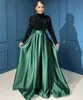 Robes de bal vert foncé, grande taille, robe de soirée formelle, fermeture éclair, lacets, manches longues, ligne A, col haut, paillettes en satin, nouvelle collection personnalisée