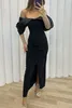 Vestidos casuais elegante plissado vestido de noite mulheres malha sólida retalhos fenda festa casamento noite fora longo maxi