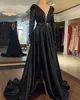 Prom Dresses Black Evening Gown Party Formal Zipper Soce Up New Custom Plus Size V-Neck Långärmad spets Satin-paljetter