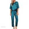 Kvinnors sömnkläder Silk Pyjamas Women's Short Sleeve Sleepwear Soft Satins Shirt Top och Long Pants Set 2 Piece PJ Loungewear S-XXL Gifts 231130