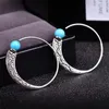 Hoop Earrings Turquoise Gemstones Vintage Carving For Women Thai Silver White Gold Color Trendy Jewelry Accessories