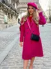 Mujeres mezclas rosa rojo doble botonadura solapa gabardina mujer otoño invierno manga larga suelta femenina abrigos largos elegante oficina dama desgaste 231201