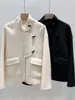 Kurtki damskie białe lub czarne kobiety wełniane płaszcz stojak na kołnierz mody w wielkim rękawie duże kieszenie Krótki kurtka 2023 wcześnie