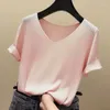 Women's T Shirts Summer Thin Ice Silk Plus Size Shirt Tops V Neck Short Sleeve Solid All-match Pullovers Street Casual Fashion Women