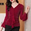 Kvinnors T-skjortor M-4XL 2023 Autumn Winter Women Topps Slim Long Sleeve Bottoming Shirt Elastic Fit Ruffles Silk Bright