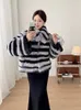 Real Fur Jacket Women Winter Coats Designer Striped Rabbit Fur Tops Outerwear Streetwear Hip Hop Clothes Ladies