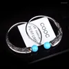 Hoop Earrings Turquoise Gemstones Vintage Carving For Women Thai Silver White Gold Color Trendy Jewelry Accessories