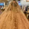 Champagne Shiny Beading Quinceanera Dresses Mexican Appliques 3D Flowers With Cape Ball Gowns With Cape Lace Up Vestidos 15 De XV