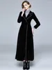 Women's Trench Coats Winter Runway Designer Women Vintage Notched Collar Wrap Black Velvet Maxi Coat Thick Warm Long Outwear