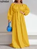 Robes décontractées VONDA Sexy Off Épaule Maxi Robe Femmes 2023 Automne Manches Longues Couleur Solide Ceinture Bohème Robe Élégante Fête Robes