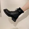 Модельные туфли, осень 2023, короткие сапоги с круглым носком, женские мотоциклетные ботинки на толстой подошве в британском стиле на шнуровке