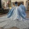 Luxury Sky Blue Shiny Ball Gown Quinceanera Dress for Girls Applques Lace Pärlor Födelsedagsfestklänningar Promklänningar spetsar tillbaka