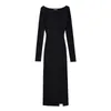 Casual Kleider Langarm Für Frauen Koreanische Mode Sexy Midi Kleid Gestrickte Bodycon Winter Vintage Stricken O Neck Schwarz Schlitz