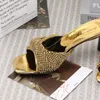 Sandaler 2023 Summer Crystal Mid Heel Women's Mules Italy Wedding Party Evening Dress Sexy Ladies Fashion Slippers