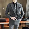 Men's Suits ( Jacket Vest Pants ) Autumn Casual Business Fashion Stripe Mens Suit 3Pcs Double Buckle Bridegroom Wedding Dress Party