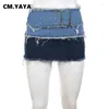 Рабочие платья CM. Джинсовый женский комплект из двух предметов, лето 2023, лоскутная рваная мини-юбка и укороченный топ без бретелек, женские джинсовые комплекты