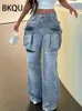 Jeans pour femmes BKQU Big Pocket Blue Washed Cargo Pant 2023 Mode Rétro High Street Lâche Taille Droite Grunge Baggy 231201