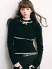 Pulls pour femmes Adagirl Vintage Bow Contraste Pull en tricot Kawaii Puff Sleeve Slim Pulls pour femmes Mode coréenne Argyle Half High