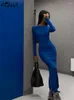 Abiti casual Habbris Blu Sexy Basic Booty Maxi Dress Street Causal Clothing For Women 2023 Autunno Moda O Collo Manica lunga Diviso