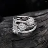 Clusterringen Lichte Luxe Drielaagse Lijn Sneeuwvlok Micro Ingelegde Ring 925 Zilveren Volledige Diamant Instagram Modetrend Sieraden