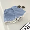 Shorts crianças meninas jeans moda renda flor arco elástico cintura denim adolescente verão fino crianças menina roupas 3-13 y