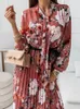 Casual Dresses Women Elegant Printed Chiffon Dress Summer Fashion Long Sleeve V-Neck Pleated Mid Length Robe Femme Vestidos Mujer 2023