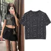 Women's Sweaters Party Black Shine Beaded Crop Sweater Autumn Chic O Neck Short Sleeves Knitted Tops Luxury Pullovers Coat Lady
