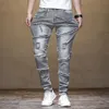 Jeans Hip Hop da uomo effetto consumato slim skinny grigio chiaro patchwork sfilacciato streetwear S abbigliamento pantaloni in denim stile punk