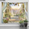 Tapestries Imitation Window Landscape Tapestry Wall Hanging Park Flower Tree Ocean Printing Art Home Decor Christmas Wall Tapestry 231201