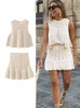 Women Sweet Knit Mesh Jacquard Skirts Set Chic Hollow Out O Neck Sleeveless Vest Summer A Line Drawstring Mini Skirt Outfit