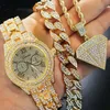 Hip hop gargantilha 8 miami pulseira cubana cristal strass relógio gelado pingente geométrico colar cor ouro jóias se223z