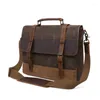 Briefcases Genuine Leather Mens Briefcase Retro Men Bags Vintage Crossbody Shoulder Canvas Handbag 15.6 Inch Laptop Bag