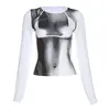 Dames T-shirts Body Print Crop Tee Dames Herfst Lente Y2K Koreaanse Mode Lange Mouw O-hals Skinny Top T-shirt Streetwear