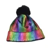 Beanie Skull Cap Girls Hat Winter Warm Cap Metálico Brillante Punto Crochet Beanie con Pom Silver Soft Woolen Hip Pop Regalo 231201