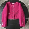 Vestes Femmes Petit parfumé Rose Rouge Weave Laine Tweed Croped Tops Automne Hiver Femmes Simple Boutonnage Manches Longues Vintage Manteaux Courts