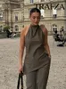 Kvinnors tvådelade byxor Trafza 2023 Kvinnlig Sexig grimma Backless Woman Mini Top Hem Tops Chic Suits Asymmetric Justerable Midjan Straight Ben