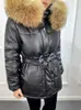 Waterproof Winter Leather Jacket Women Thick Motorcycle Coat with Belt Faux Pu Female Parkas Real Raccoon Fur