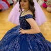 Navy Blue Shiny Quinceanera Dress Ball Gown Off The Shoulder Beaded Applique Tiered Corset Pageant Sweet 16 Party Vestidos De XV Anos 15