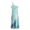 Robes décontractées Tie Dye Satin Robe Femme Asymétrique Longue Pour Femmes 2023 Hors Épaule Élégant Midi Ruché Fête