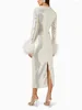 Casual Kleider Frauen O Hals Langarm Luxus Pailletten Feder Midi Kleid Elegante Promi Weiß Pailletten Bodycon Abend Party Club