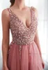 Urban Sexy Dresses Sale Pink Embroidered Sequins Sexy Sleeveless Deep V Maxi High Slit Evening Wedding Cami Dresses For Women T231202