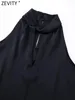 Blusas de mujer Zevity 2023 Mujeres High Street Front Hole Design Soft Satin Black Halter Blusa Lady Chic Chaleco sin mangas Camisas Slim Tops