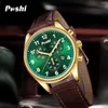 Armbandsur Poshi Luxury Quartz Watches Waterproof Calendar Wrist Watch for Men Leather Strap Green Dial Sport Man Clock Relogio Original