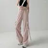 Pantalon Femme Américain Rétro Grande Poche Cargo Femmes Casual Hip Hop Pantalon Large Femme 2023 Y2k Cordon Rose Streetwear Noir